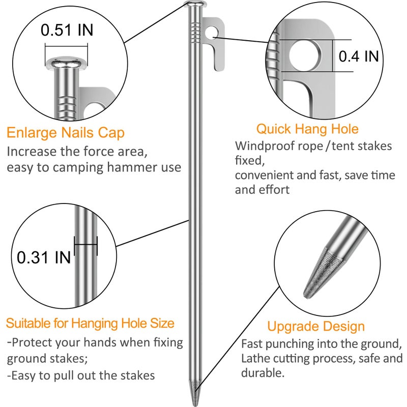 RIY 8 Pack Tent Stakes Heavy Duty 12 inch Steel Tent Pegs for Camping Unbreakable and Inflexible-Silver - Image 3