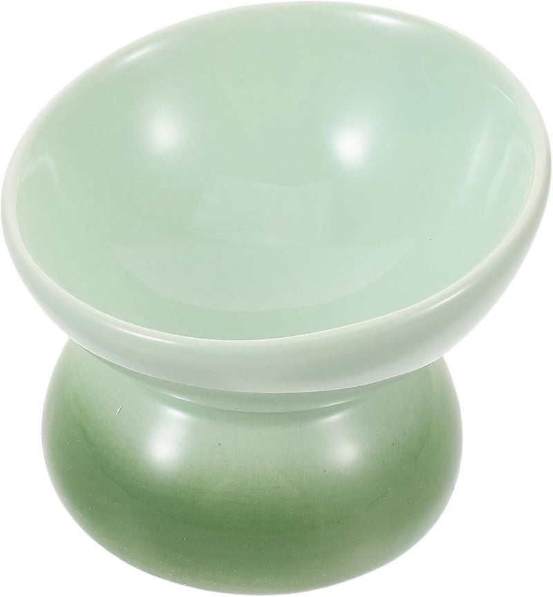 Mikikit Ceramic Raised Cat Bowl Tilted Elevated Food and Water Feeder Anti-Vomit Porcelain Dish for Indoor Cats and Kittens with Gradient Green Round Design - Image 1