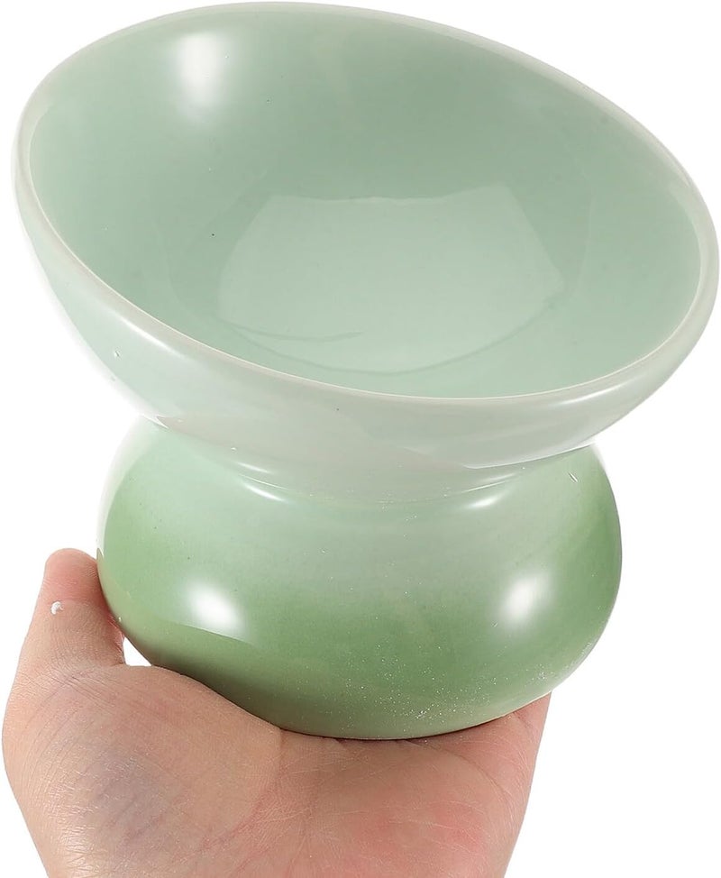 Mikikit Ceramic Raised Cat Bowl Tilted Elevated Food and Water Feeder Anti-Vomit Porcelain Dish for Indoor Cats and Kittens with Gradient Green Round Design - Image 4