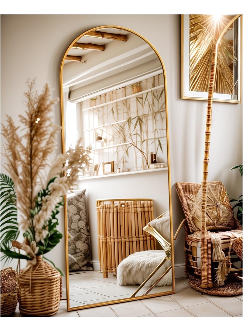 فيبارتي مرآة أرضية مقوسة بإطار من الألومنيوم، مرآة حائط كاملة الطول معلقة أو مائلة، مرآة لكامل الجسم بأعلى مقوسة مع حامل لغرفة النوم، وغرفة الملابس، وغرفة المعيشة، ذهبية، 170 × 60 سم (67 بوصة × 23.6 بوصة) - حديثة وأنيقة ومتينة ديكور المنزل، مرآة عمودية كاملة الطول، لمسة جمالية لغرفة النوم والممر، تصميم أنيق وأنيق، يمكن تثبيتها على الأرض والجدار - Image 1