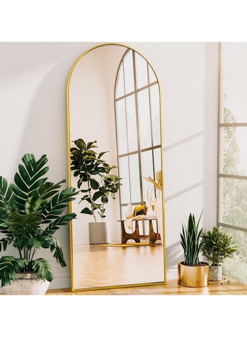 فيبارتي مرآة أرضية مقوسة بإطار من الألومنيوم، مرآة حائط كاملة الطول معلقة أو مائلة، مرآة لكامل الجسم بأعلى مقوسة مع حامل لغرفة النوم، وغرفة الملابس، وغرفة المعيشة، ذهبية، 170 × 60 سم (67 بوصة × 23.6 بوصة) - حديثة وأنيقة ومتينة ديكور المنزل، مرآة عمودية كاملة الطول، لمسة جمالية لغرفة النوم والممر، تصميم أنيق وأنيق، يمكن تثبيتها على الأرض والجدار - Image 2