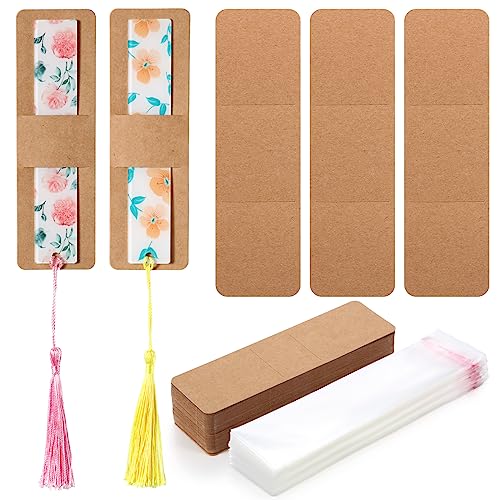 Honoson 100 Set Bookmark Holders Gift Set Kraft Paper Bookmark Sleeves Transparent Self Adhesive Bag DIY Blank Cover Display Cards for Wrapping Small Business Supplies Reading Party Favor - Image 1