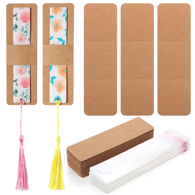 Honoson 100 Set Bookmark Holders Gift Set Kraft Paper Bookmark Sleeves Transparent Self Adhesive Bag DIY Blank Cover Display Cards for Wrapping Small Business Supplies Reading Party Favor - Image 2