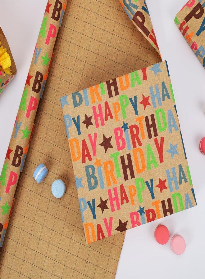 LaRibbons Birthday Wrapping Paper Roll for Kids, 17 Inch x 16.5 Feet Kraft Gift Wrap Paper with Colorful Text Happy Birthday Pattern for Boys Holiday Party - Image 2