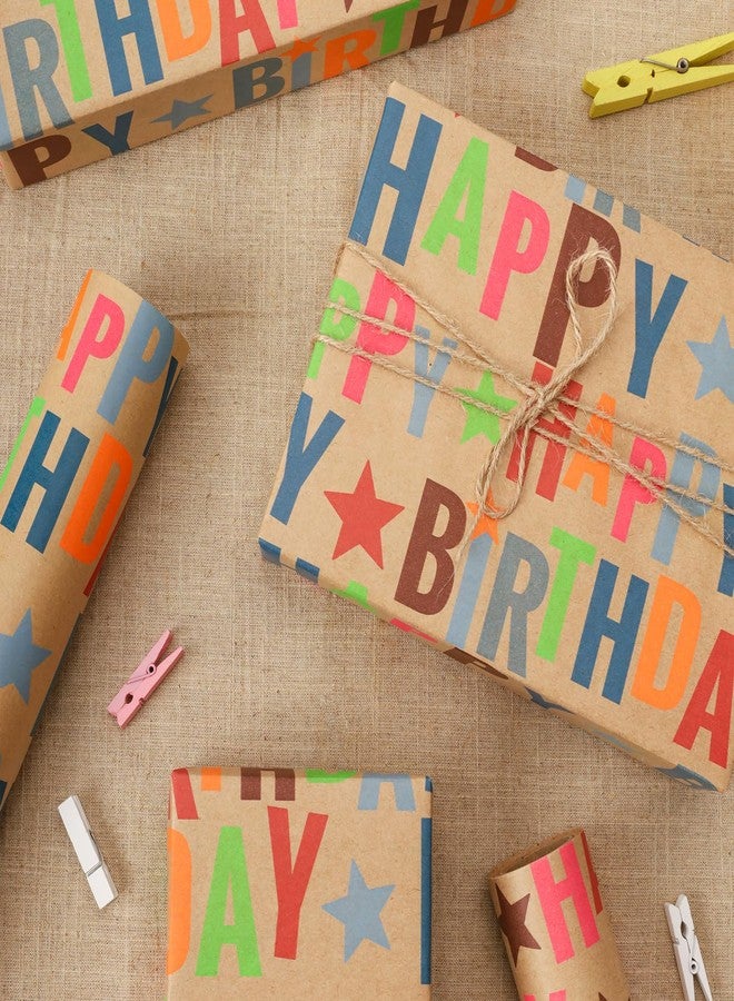 LaRibbons Birthday Wrapping Paper Roll for Kids, 17 Inch x 16.5 Feet Kraft Gift Wrap Paper with Colorful Text Happy Birthday Pattern for Boys Holiday Party - Image 4