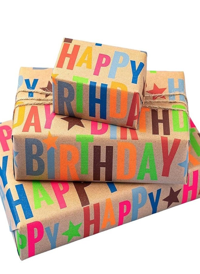LaRibbons Birthday Wrapping Paper Roll for Kids, 17 Inch x 16.5 Feet Kraft Gift Wrap Paper with Colorful Text Happy Birthday Pattern for Boys Holiday Party - Image 1