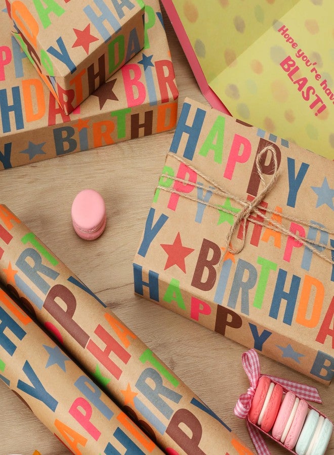 LaRibbons Birthday Wrapping Paper Roll for Kids, 17 Inch x 16.5 Feet Kraft Gift Wrap Paper with Colorful Text Happy Birthday Pattern for Boys Holiday Party - Image 5