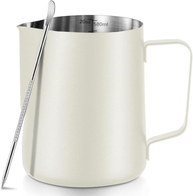 NewGF Frothing Milk Pitcher, 20 oz/600 ml Stainless Steel Frothing Milk Jug with Latte Art Pen,with Internal Measurements, for Cappuccino-White Market diverse application fit - Image 1