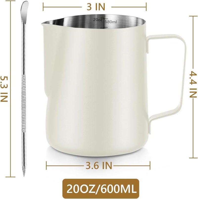 NewGF Frothing Milk Pitcher, 20 oz/600 ml Stainless Steel Frothing Milk Jug with Latte Art Pen,with Internal Measurements, for Cappuccino-White Market diverse application fit - Image 2