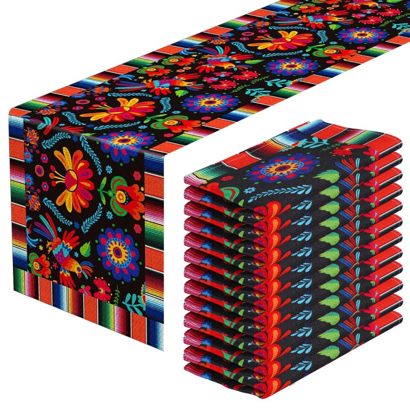 Lonfliness Linen Mexican Fiesta Table Runner 12 Pack Decoration 72×13in Long De Mayo Farmhouse Runner Dia De Los Muertos Runners Kitchen Dining Home Table Decoration Day of The Dead Decor and Supplies - Image 1