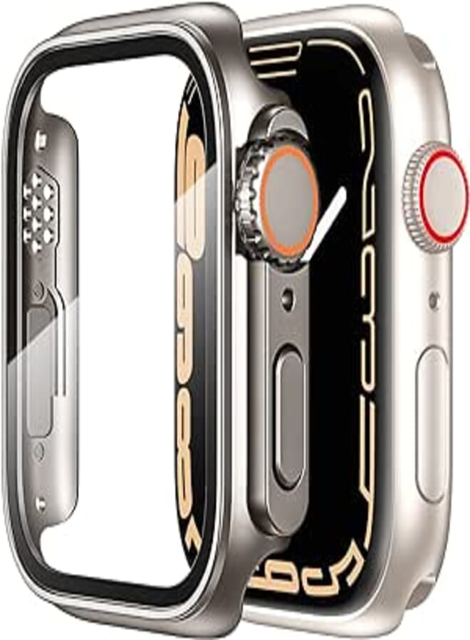 Tensea for Apple Watch Screen Protector Case Series 8 7 45mm【Apple Watch Ultra Style Case】, iWatch Protective Face Cover Look Like Ultra with Tempered Glass Film for Women Men (45 mm, Titanium)