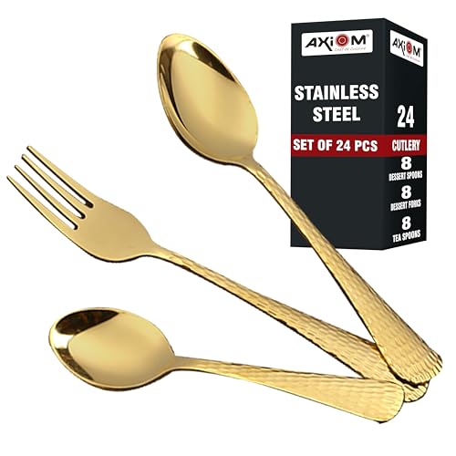 AXIOM Stainless Steel Golden Cutlery Set. 24 Pieces Luxurious Spoons & Forks (8 Dessert Spoon, 8 Dessert Fork, 8 Tea Spoon) Gold Colour Flatware for Luxury Dining - Image 1