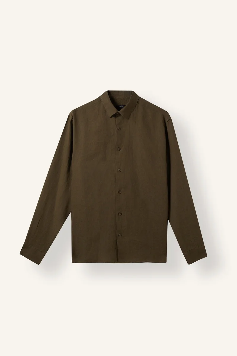 Regular Fit Polo Collar Linen Long Sleeve Shirt