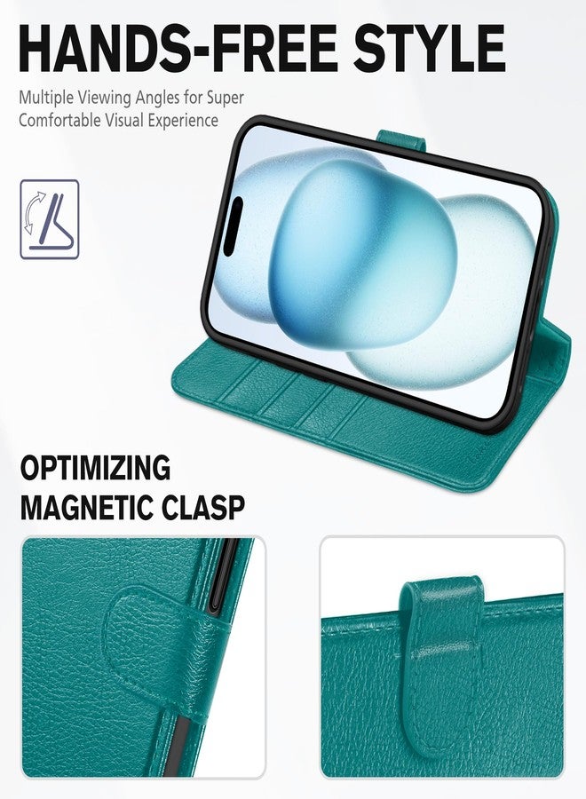 TUCCH Case Wallet for iPhone 15, [RFID Blocking] PU Leather Stand Folio Cover with 4 Card Slots [TPU Protective Interior Shell], Magnetic Flip Case Compatible with iPhone 15 5G 6.1-inch 2023, Cyan - Image 4