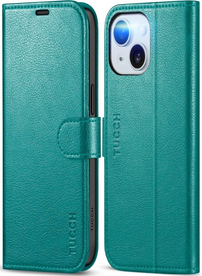 TUCCH Case Wallet for iPhone 15, [RFID Blocking] PU Leather Stand Folio Cover with 4 Card Slots [TPU Protective Interior Shell], Magnetic Flip Case Compatible with iPhone 15 5G 6.1-inch 2023, Cyan - Image 1
