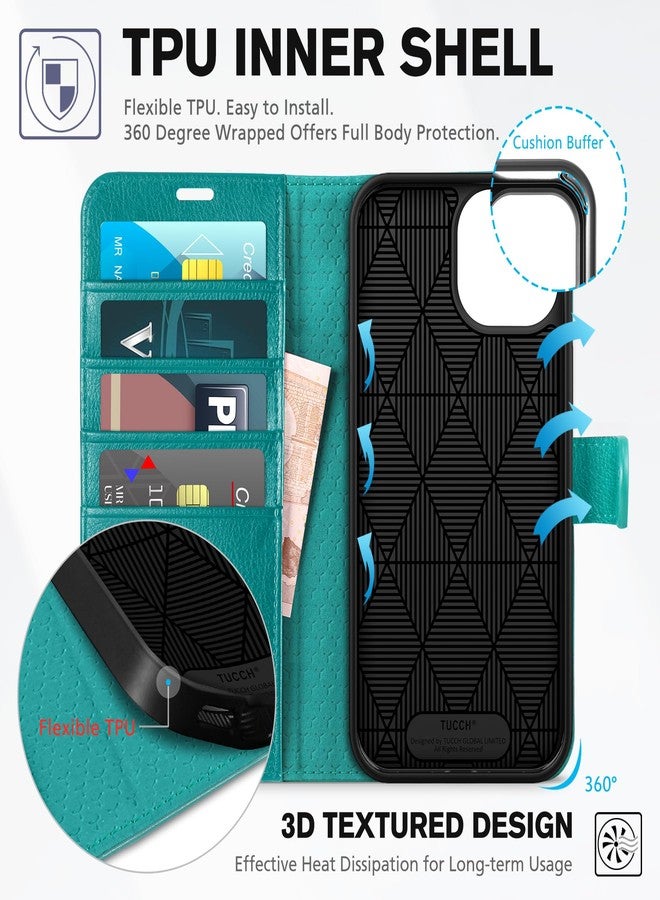 TUCCH Case Wallet for iPhone 15, [RFID Blocking] PU Leather Stand Folio Cover with 4 Card Slots [TPU Protective Interior Shell], Magnetic Flip Case Compatible with iPhone 15 5G 6.1-inch 2023, Cyan - Image 5
