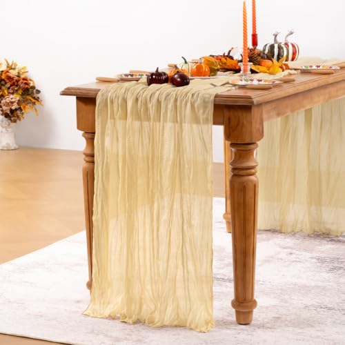 DeZerlor Champagne Gold Cheesecloth Table Runner Fall Table Runner Boho Gauze 120 Inches Champagne Cheese Cloth Fall Table Decorations for Thanksgiving Wedding Bridal Baby Shower Parties - Image 2