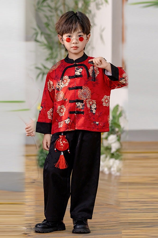 ليانانر Baby Boys 'Boys الصيني القميص مجموعة أزياء الباندا - الزي الأحمر مع مروحة الأداء على الطراز الصيني الجديد لأطفال الأطفال الصغار ، والزي الروضة ، والرقص والمناسبات الاحتفالية - Image 3