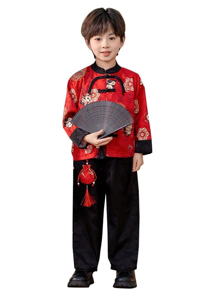 liannaner Baby Boys' Chinese style pants Shirt set Panda Costume - Red Outfit with fan New Chinese Style Performance Wear for Toddler Kids, Kindergarten Uniform, Dance Show & Festive Occasions - Image 2