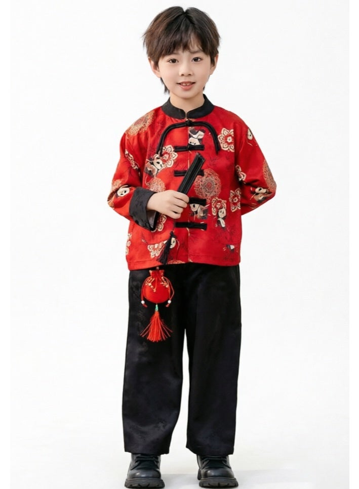 liannaner Baby Boys' Chinese style pants Shirt set Panda Costume - Red Outfit with fan New Chinese Style Performance Wear for Toddler Kids, Kindergarten Uniform, Dance Show & Festive Occasions - Image 5