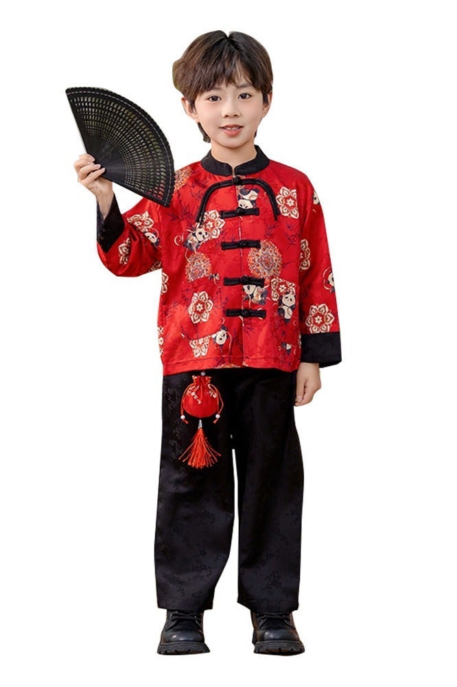 liannaner Baby Boys' Chinese style pants Shirt set Panda Costume - Red Outfit with fan New Chinese Style Performance Wear for Toddler Kids, Kindergarten Uniform, Dance Show & Festive Occasions - Image 1