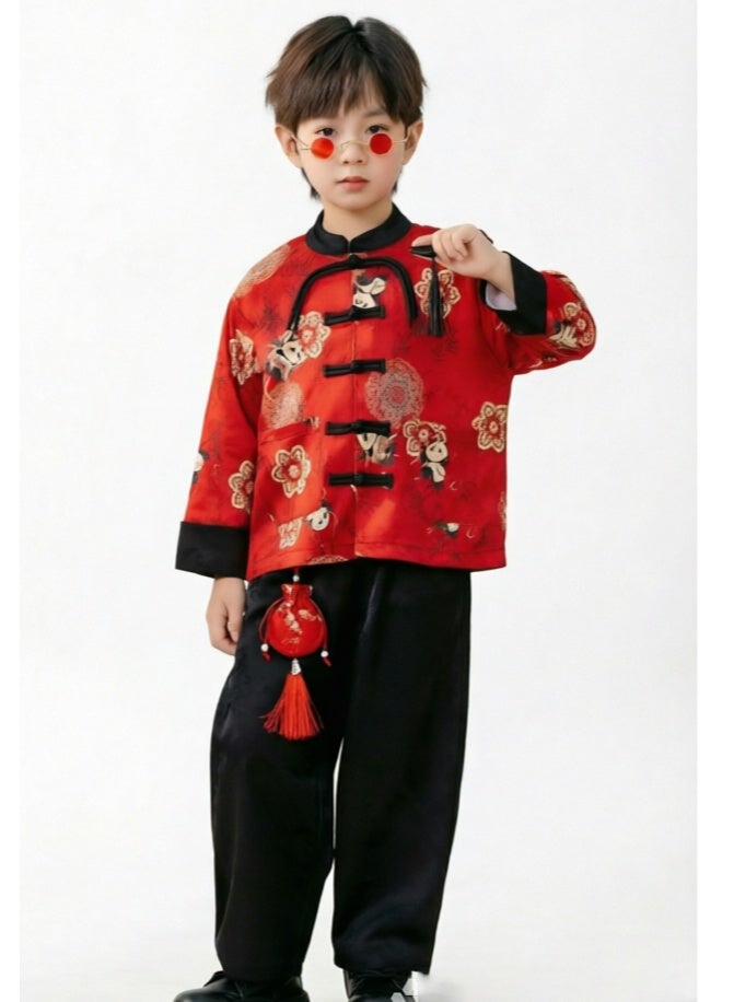 liannaner Baby Boys' Chinese style pants Shirt set Panda Costume - Red Outfit with fan New Chinese Style Performance Wear for Toddler Kids, Kindergarten Uniform, Dance Show & Festive Occasions - Image 3