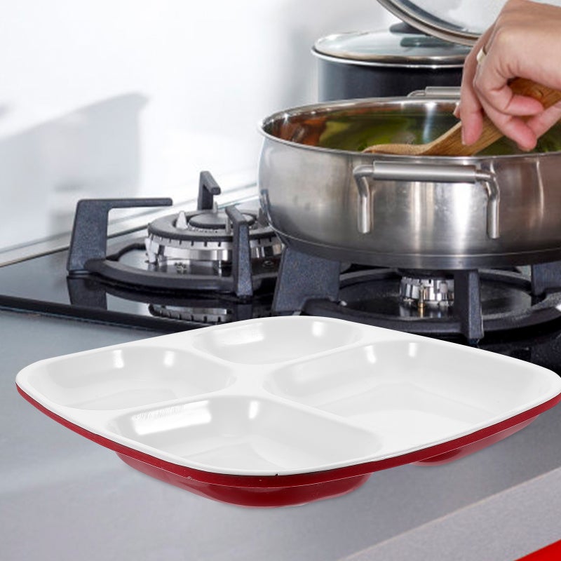 4 Grid Separating Dish Divided Compartments Plate Anti-fall Rice Tray Practical Tableware for Home Restaurant (Red and White) - Image 5