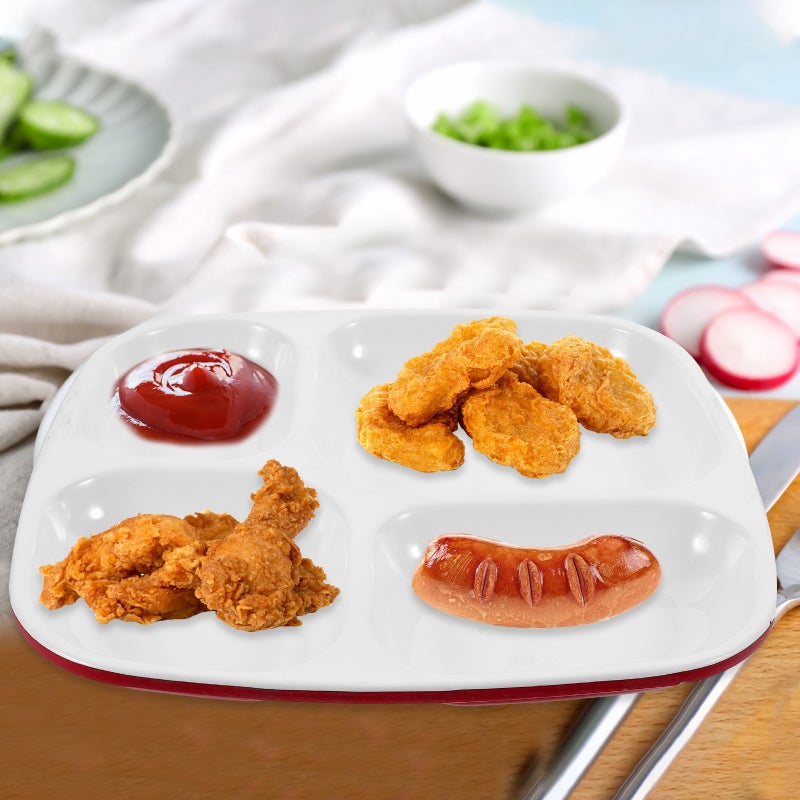 4 Grid Separating Dish Divided Compartments Plate Anti-fall Rice Tray Practical Tableware for Home Restaurant (Red and White) - Image 4