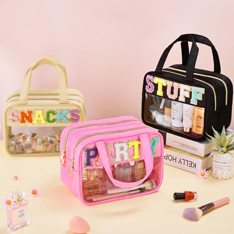 Simboom Chenille Letter Clear Makeup Bag, Preppy Clear Snack Bags with Zipper, Stuff Bag Waterproof Sunscreen Bag Travel Toiletry Bag Cosmetic Pouch for Women and Girls (Snacks, Plus Size) - Image 3