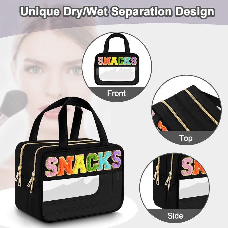 Simboom Chenille Letter Clear Makeup Bag, Preppy Clear Snack Bags with Zipper, Stuff Bag Waterproof Sunscreen Bag Travel Toiletry Bag Cosmetic Pouch for Women and Girls (Snacks, Plus Size) - Image 4