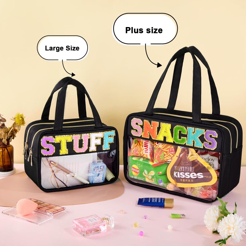 Simboom Chenille Letter Clear Makeup Bag, Preppy Clear Snack Bags with Zipper, Stuff Bag Waterproof Sunscreen Bag Travel Toiletry Bag Cosmetic Pouch for Women and Girls (Snacks, Plus Size) - Image 2