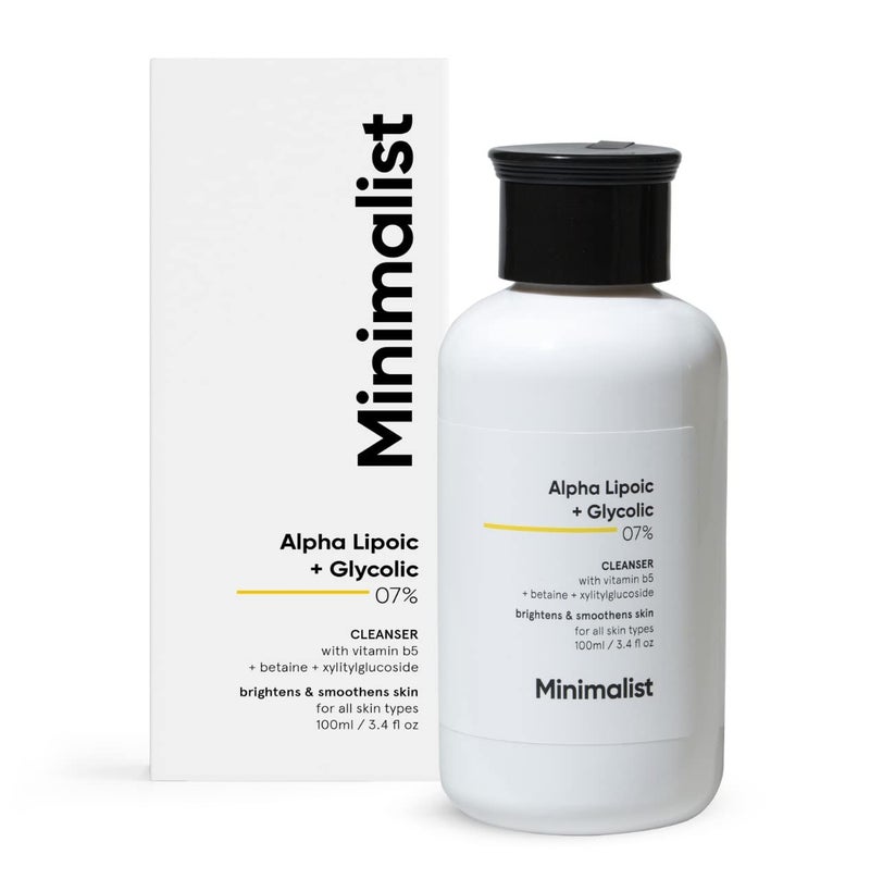 Minimalist 7% ALA & AHA Face Wash for Brightening, Exfoliating, Glow & Even Tone | With Vitamin B5 For Hydration & Glycolic Acid For Exfoliation | 3.4 Fl Oz / 100 ml