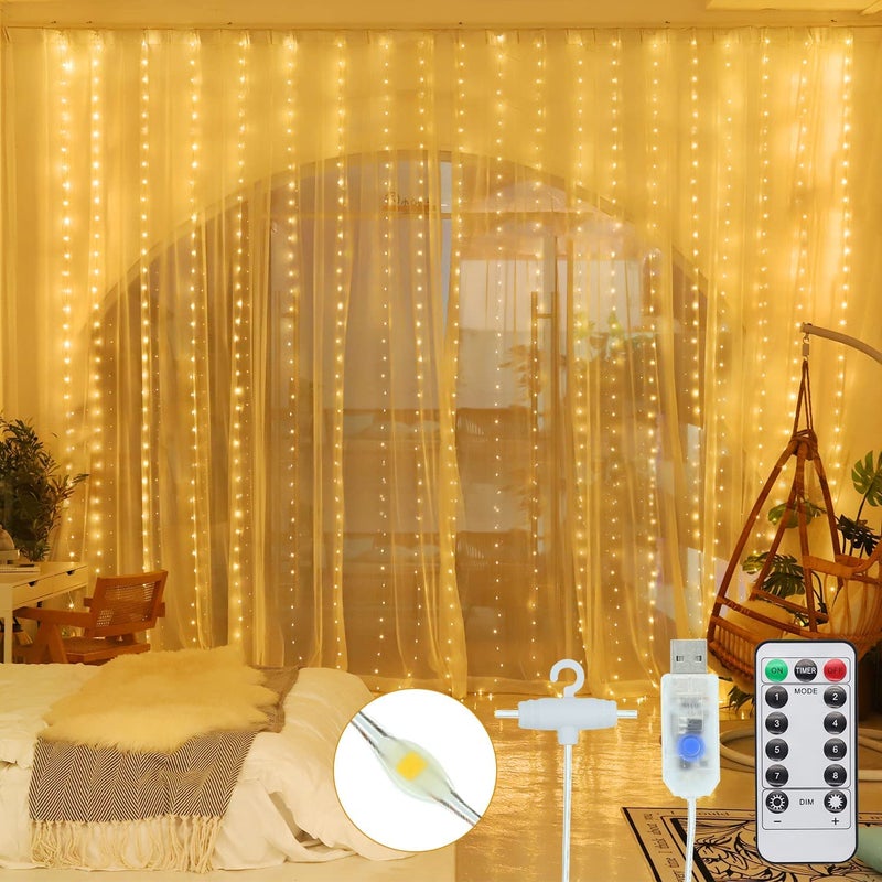Gesto إضاءة خيوط LED ستارة USB 5V من جستو لتزيين المنزل أضواء خيالية ذهبية مع 8 أوضاع جهاز تحكم عن بعد إضاءة معلقة لتزيين الغرفة تزيين عيد الميلاد تزيين الجدران تزيين ديوالي 98x98 قدم - Image 1