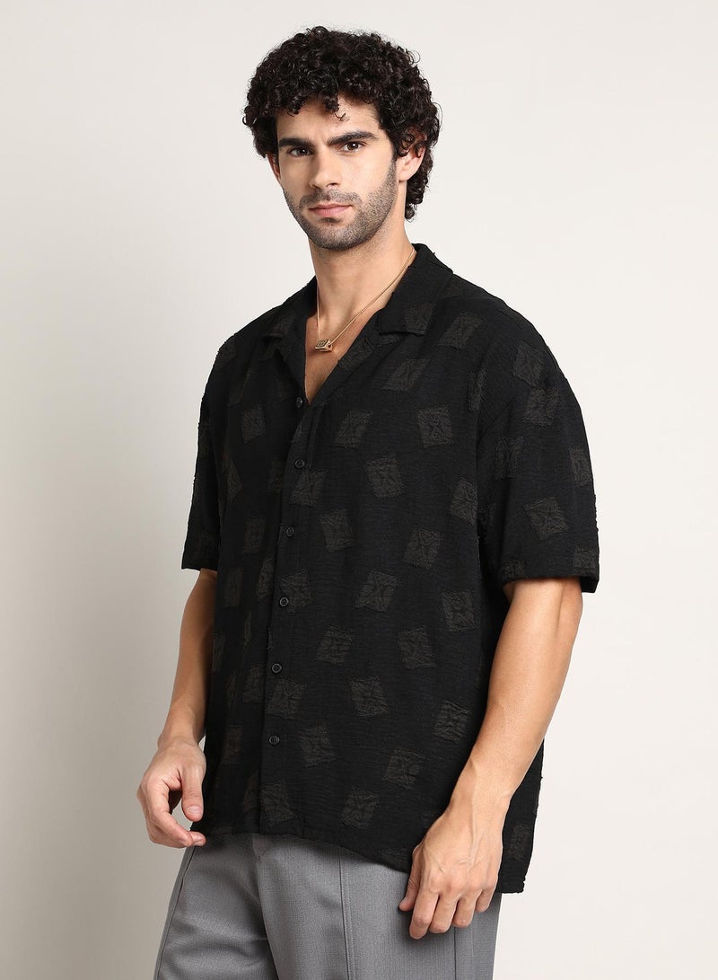 Campus Sutra Men's Onyx Black Indie-Cuban Oversized Shirt - Image 3