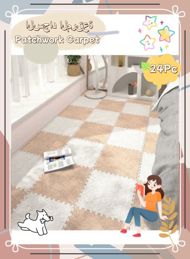 24PCS Plush Puzzle Foam Floor Mat for Kids- Thick Interlocking Fluffy Tiles with Border Square Rug Split Joint Soft Climbing Carpet Mats Area Rug for Room Floor（White + Camel） - Image 1