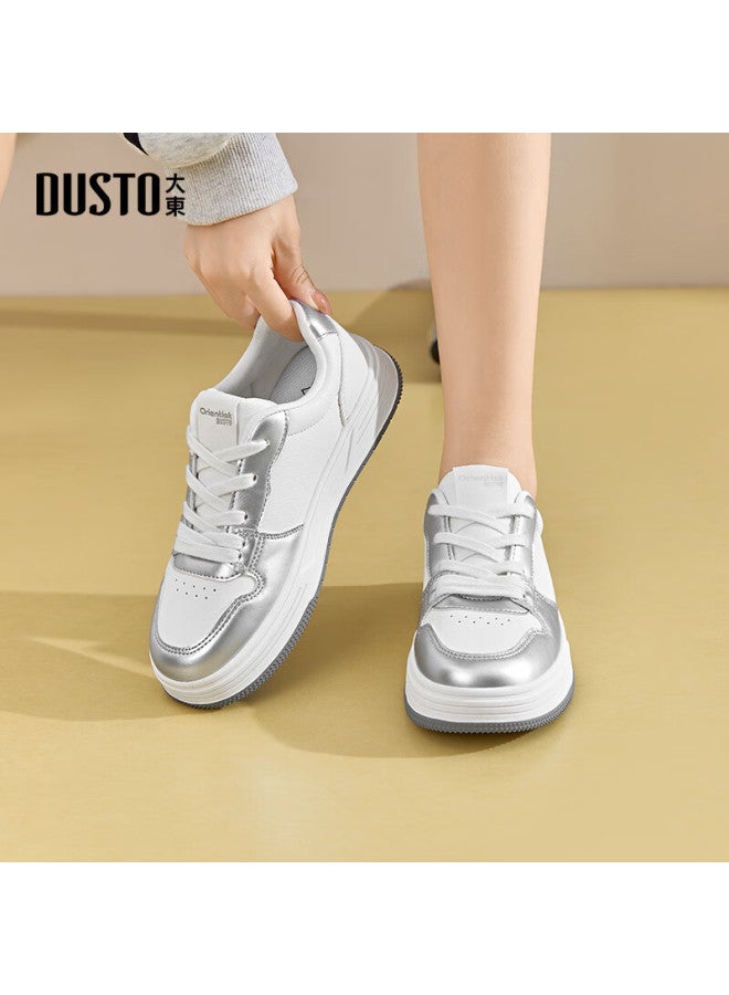 DUSTO Dadong White Sneakers For Women, Spring And Autumn New Casual Round Toe Color-block Lace-up Thick-soled Platform Shoes Q7703 - Image 1
