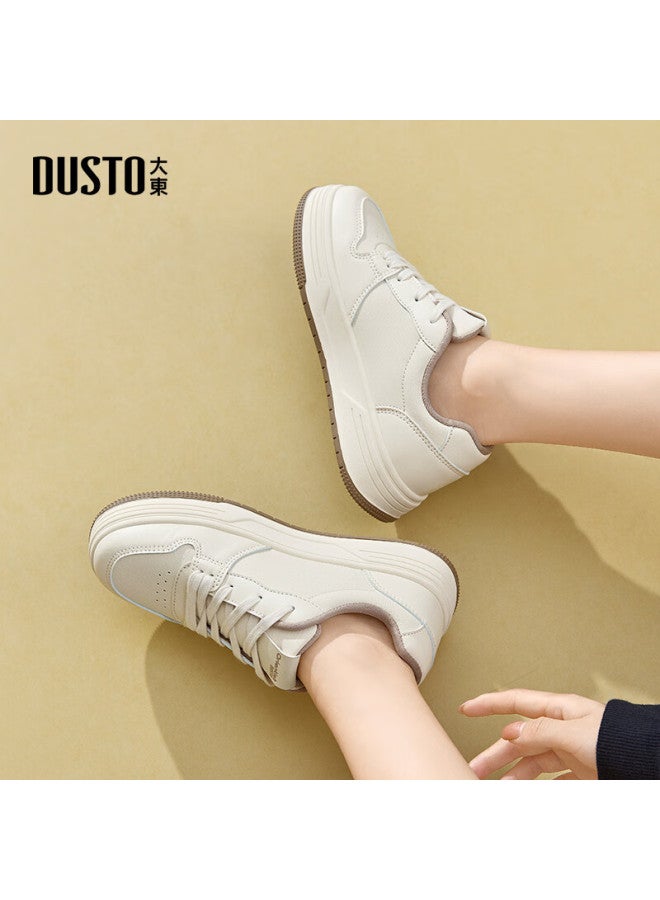 DUSTO Dadong White Sneakers For Women, Spring And Autumn New Casual Round Toe Color-block Lace-up Thick-soled Platform Shoes Q7703 - Image 3