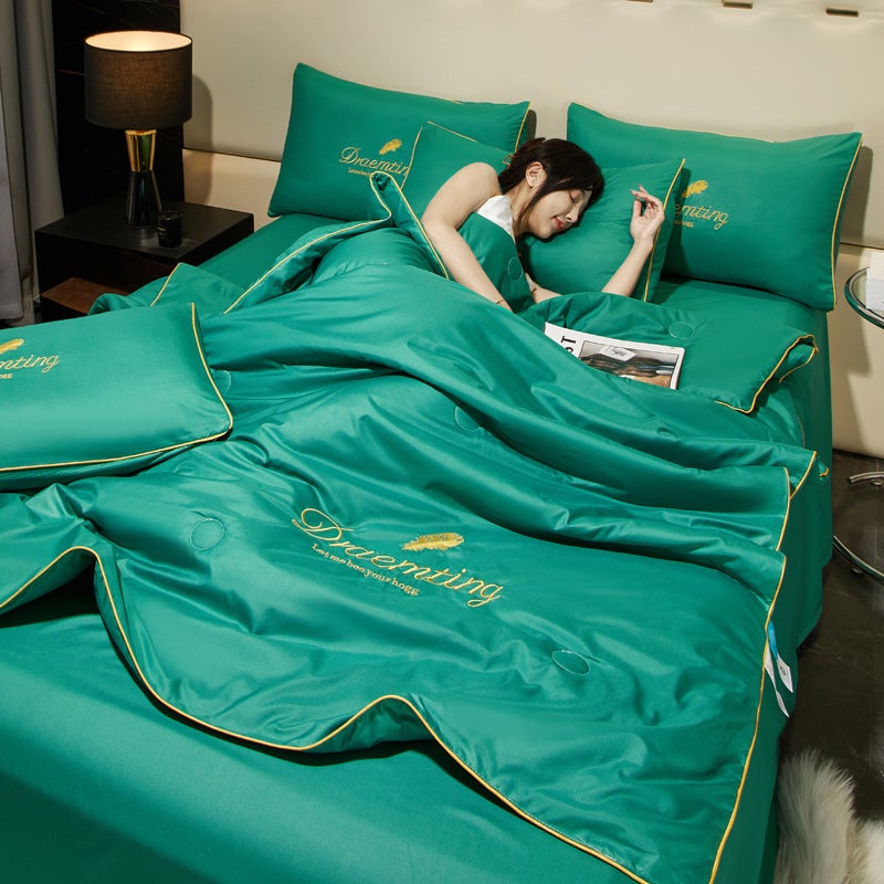 Summer Quilt Four-Piece Air Conditioner Quilt Cool Washable Silk Ice Silk Piping Embroidery Tencel Bedding - Image 1