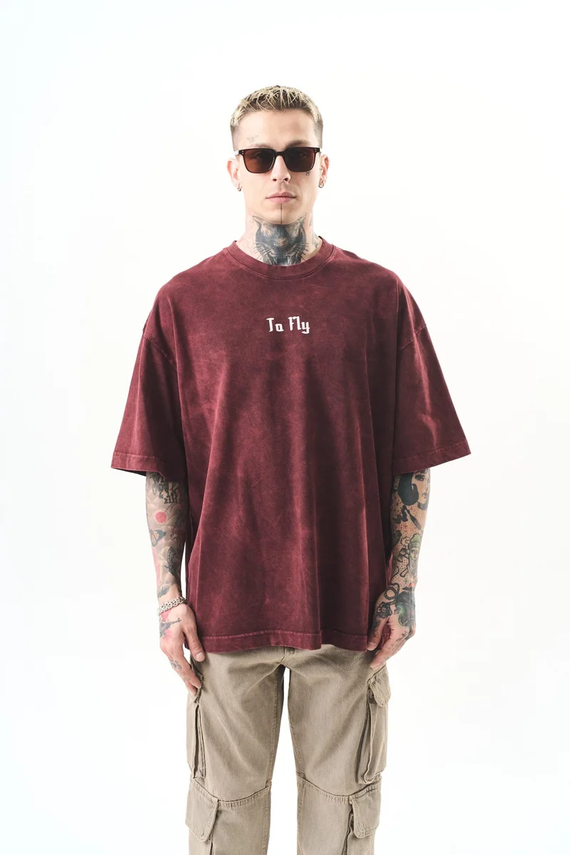 ريسباير تي شيرت رجالي مقاس كبير (Oversize) مغسول بطبعة "To Fly"، خمري