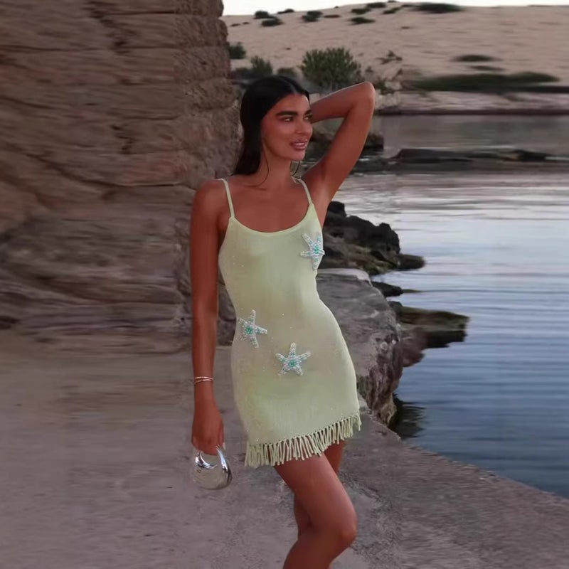 فستان نسائي محبوك بدون أكمام بطباعة نجمة البحر وشراريب - Image 2