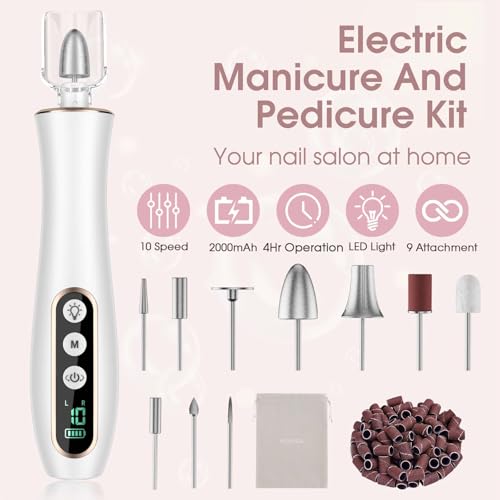 Hoxida Professional Manicure Pedicure Kit, Cordless Electric Nail Drill with 360° LED light&10 Speeds, Rechargeable Pedicure Tools for feet, Hand Foot Care Nail Drill for Thick Nail Toenail Cuticle Women Men - Image 2