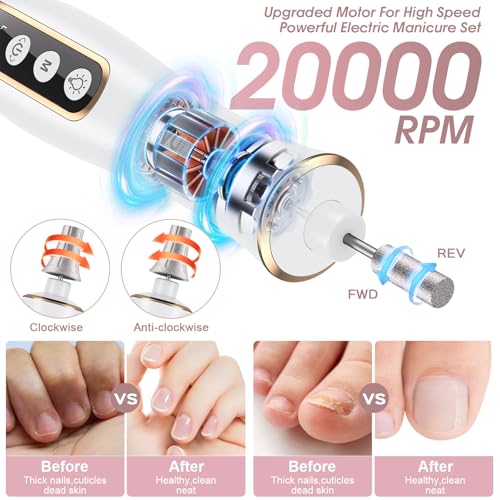 Hoxida Professional Manicure Pedicure Kit, Cordless Electric Nail Drill with 360° LED light&10 Speeds, Rechargeable Pedicure Tools for feet, Hand Foot Care Nail Drill for Thick Nail Toenail Cuticle Women Men - Image 3