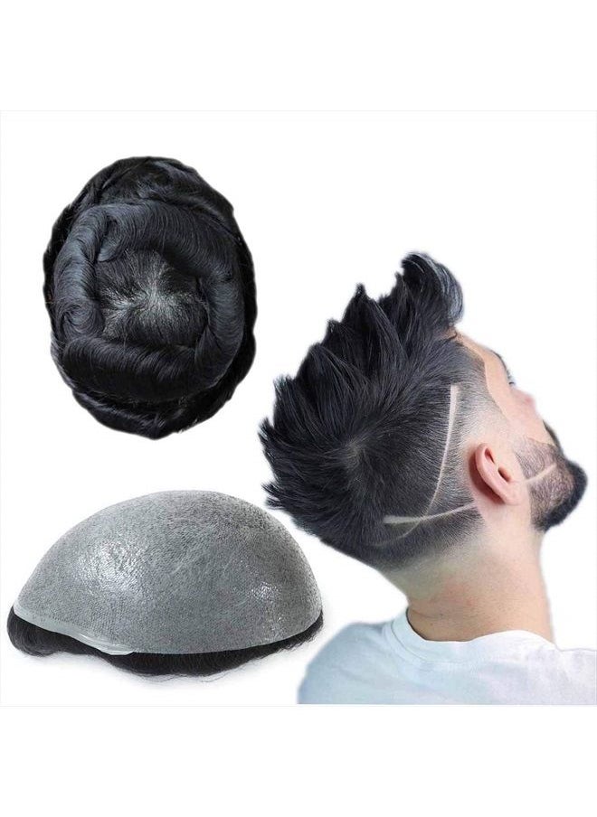 Toupee for Men Human Hairpieces Replacement System 0.03mm PU Thin Skin V looped Black Male Hair Units 1B