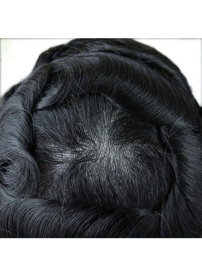 Toupee for Men Human Hairpieces Replacement System 0.03mm PU Thin Skin V looped Black Male Hair Units 1B