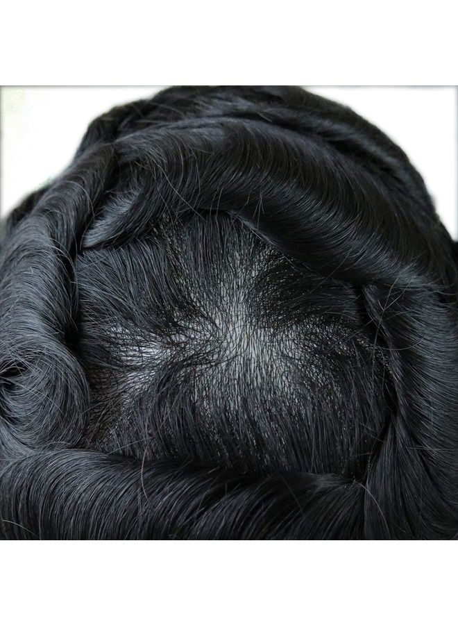Hair Nature Toupee for Men, Human Hairpieces Replacement System, 0.03mm PU Thin Skin V-looped Black Male Hair Units #1B  - Image 4