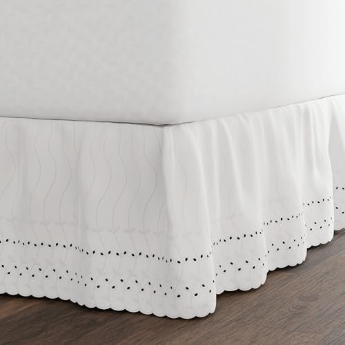 Fresh Ideas Eyelet Bed Skirt, Ruffled Design, 14 Inch Drop, Embroidered Scalloped Edge, California King, White - Image 1