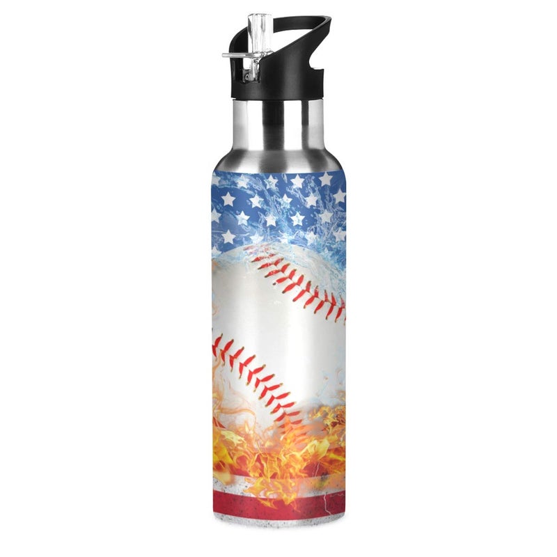 Blue Baseball US Flag Water Bottle with Straw Lid Boys Insulated Stainless Steel Water Flask Sports 20 Oz Hot Cold