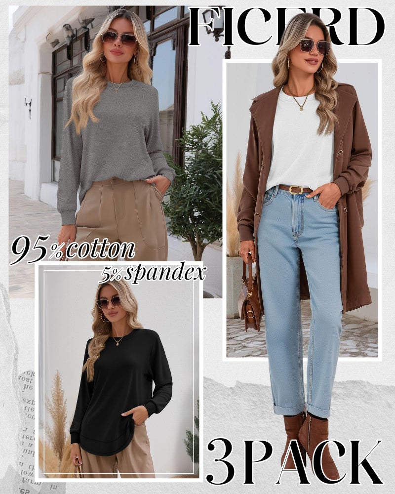 Ficerd 3 Pack Women's Long Sleeve Shirts, Cotton Crew Neck Tunic Tops Casual Loose Fit Pullover Sweatshirts Curved Hem Shirts(Black, Heather Gray, White,Large) - Image 3