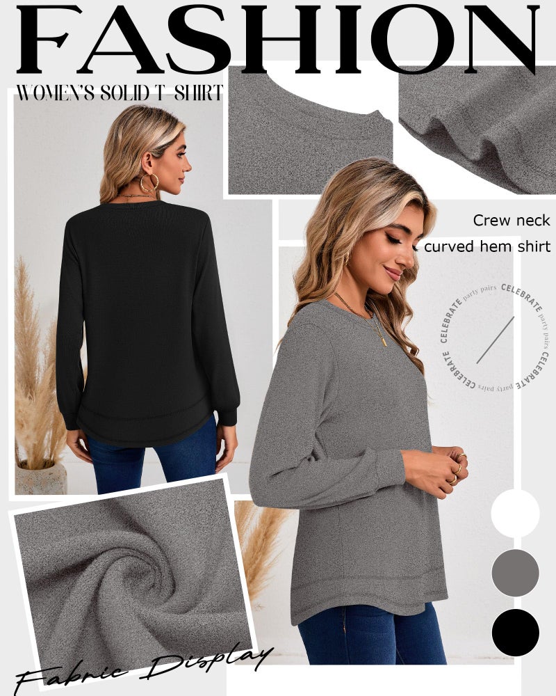 Ficerd 3 Pack Women's Long Sleeve Shirts, Cotton Crew Neck Tunic Tops Casual Loose Fit Pullover Sweatshirts Curved Hem Shirts(Black, Heather Gray, White,Large) - Image 5
