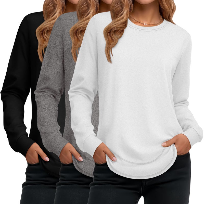 Ficerd 3 Pack Women's Long Sleeve Shirts, Cotton Crew Neck Tunic Tops Casual Loose Fit Pullover Sweatshirts Curved Hem Shirts(Black, Heather Gray, White,Large) - Image 1